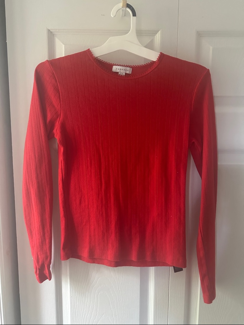 Topshop red 100% cotton pointelle long sleeve t shirt